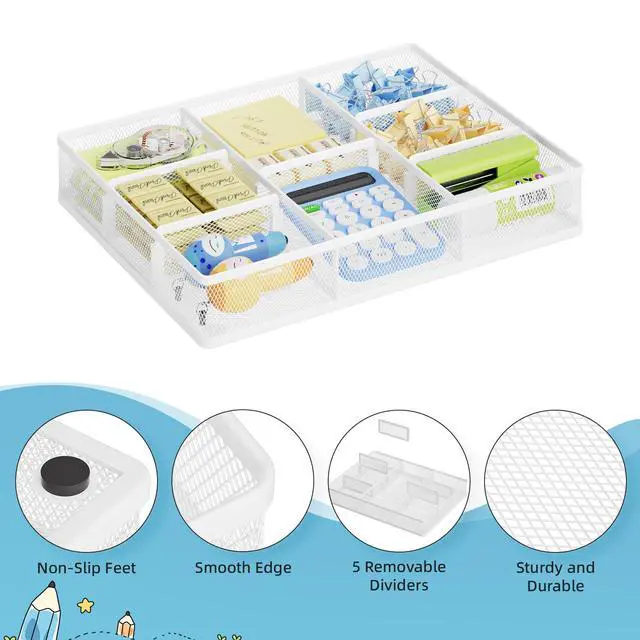 Alt view image 5 of 6 - 2P Desk Drawer Organizer, Metal Mesh Drawer Organizer Tray with 5 Adjustable Compartments,Desk Organizers and Accessories for Home,Office,Kitchen,Makeup,Vanity (White)