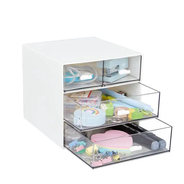 Alt view image 2 of 7 - Desk Organizer with 4 Drawers, Clear Plastic Desk Storage Box, Desktop Organization for Office Supplies, Gel Pens, Pencils, Markers, Tape, Erasers, Paperclips, Chargers (White-4 Draws)