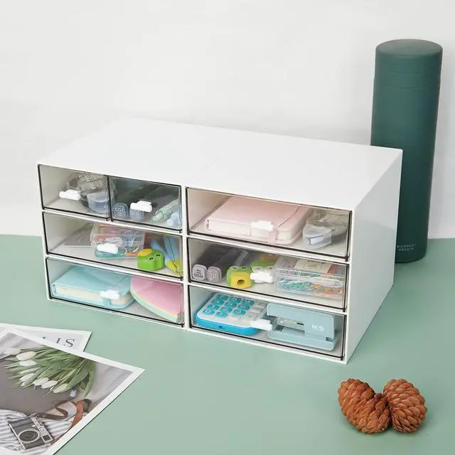 Alt view image 5 of 7 - Desk Organizer with 4 Drawers, Clear Plastic Desk Storage Box, Desktop Organization for Office Supplies, Gel Pens, Pencils, Markers, Tape, Erasers, Paperclips, Chargers (White-4 Draws)