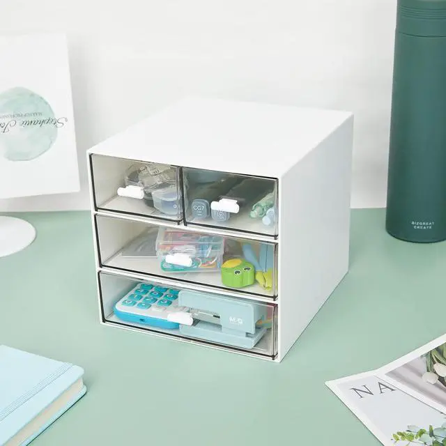 Alt view image 6 of 7 - Desk Organizer with 4 Drawers, Clear Plastic Desk Storage Box, Desktop Organization for Office Supplies, Gel Pens, Pencils, Markers, Tape, Erasers, Paperclips, Chargers (White-4 Draws)