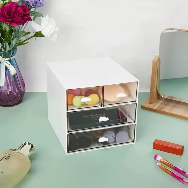 Alt view image 7 of 7 - Desk Organizer with 4 Drawers, Clear Plastic Desk Storage Box, Desktop Organization for Office Supplies, Gel Pens, Pencils, Markers, Tape, Erasers, Paperclips, Chargers (White-4 Draws)