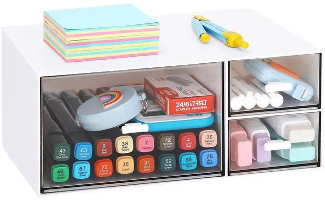 Main image of Desk Office Stationery Organizer with 3 Drawers, Desktop Vanity Makeup Organizer, Plastic Sundries Cosmetic Storage Organizer for Bathroom Counter or Dresser (White-3 Drawer)
