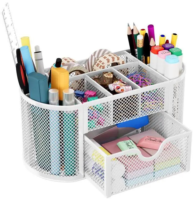 Main image of Mesh Pen Holder Desk Organizer with Drawer Stationery Supplies Organizer for Dorm School 9 Compartments Workspace Desk Accessories Organization for Office, White