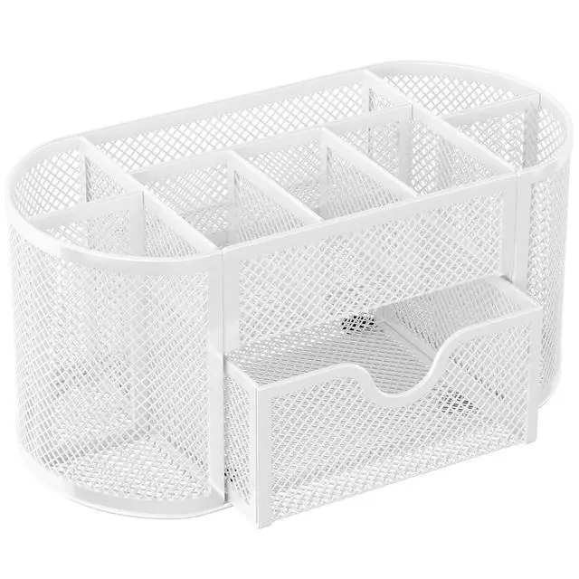 Alt view image 2 of 7 - Mesh Pen Holder Desk Organizer with Drawer Stationery Supplies Organizer for Dorm School 9 Compartments Workspace Desk Accessories Organization for Office, White