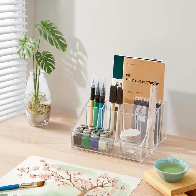 Alt view image 2 of 7 - Stackable Desk Organizer, Clear Pen Pencil Makeup Brush Holder for Desktops and Vanities, 6 Compartment Caddy (Made in USA)