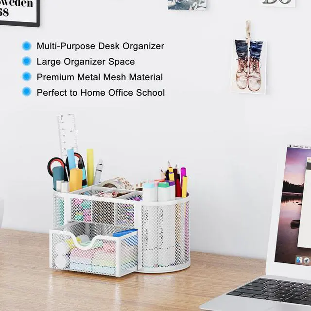 Alt view image 3 of 7 - Mesh Pen Holder Desk Organizer with Drawer Stationery Supplies Organizer for Dorm School 9 Compartments Workspace Desk Accessories Organization for Office, White