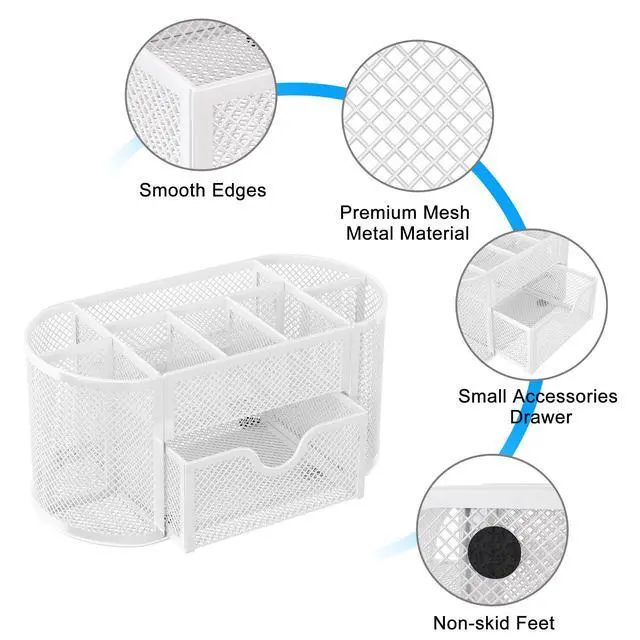 Alt view image 4 of 7 - Mesh Pen Holder Desk Organizer with Drawer Stationery Supplies Organizer for Dorm School 9 Compartments Workspace Desk Accessories Organization for Office, White