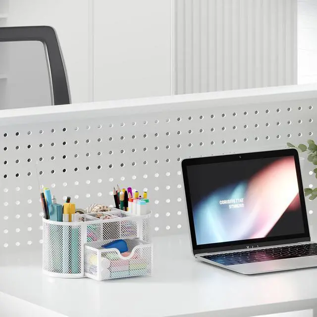 Alt view image 6 of 7 - Mesh Pen Holder Desk Organizer with Drawer Stationery Supplies Organizer for Dorm School 9 Compartments Workspace Desk Accessories Organization for Office, White