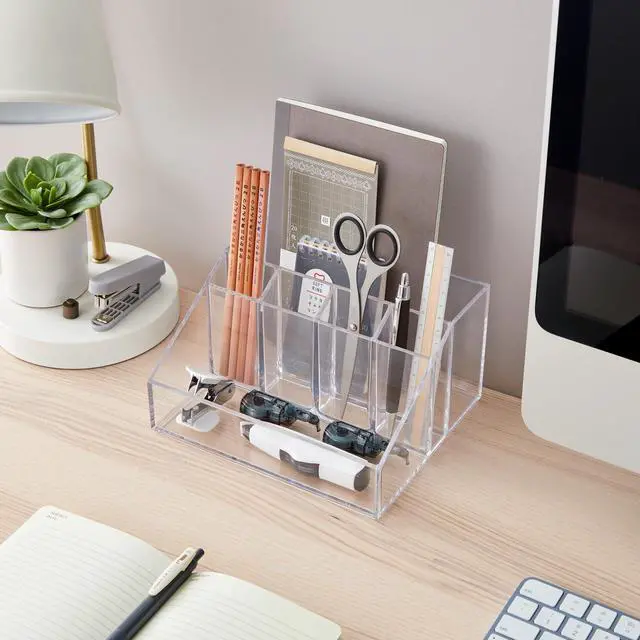 Alt view image 3 of 7 - Stackable Desk Organizer, Clear Pen Pencil Makeup Brush Holder for Desktops and Vanities, 6 Compartment Caddy (Made in USA)