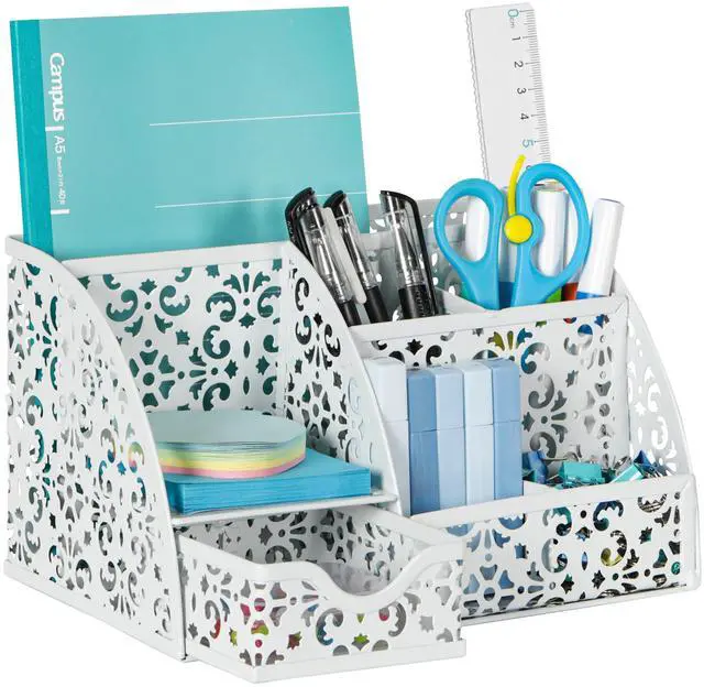 Main image of Desk Organizer and Pen Holder for Desk, Mesh Office Supplies Storage Caddy with Drawer for Small Space, Desktop Organizer for Home Office, White