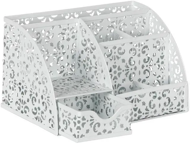 Alt view image 2 of 7 - Desk Organizer and Pen Holder for Desk, Mesh Office Supplies Storage Caddy with Drawer for Small Space, Desktop Organizer for Home Office, White