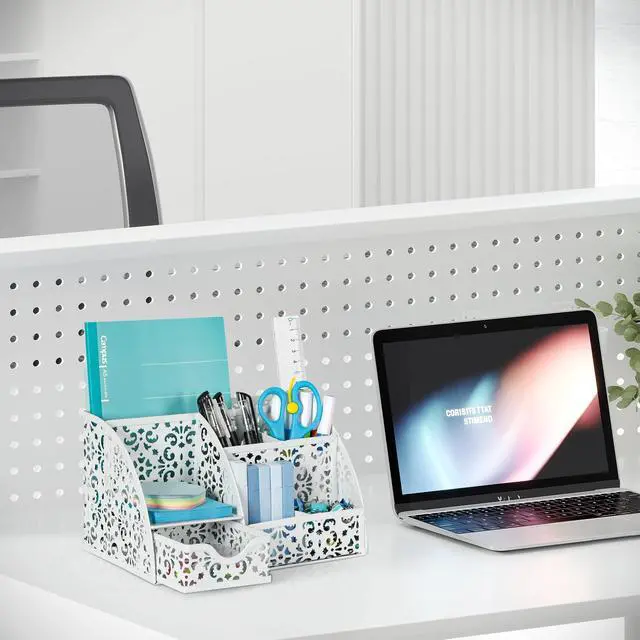 Alt view image 6 of 7 - Desk Organizer and Pen Holder for Desk, Mesh Office Supplies Storage Caddy with Drawer for Small Space, Desktop Organizer for Home Office, White
