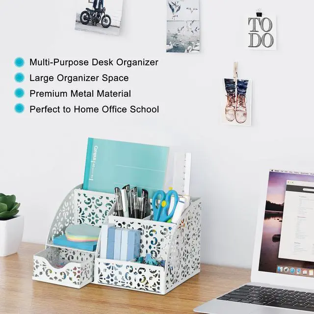 Alt view image 3 of 7 - Desk Organizer and Pen Holder for Desk, Mesh Office Supplies Storage Caddy with Drawer for Small Space, Desktop Organizer for Home Office, White