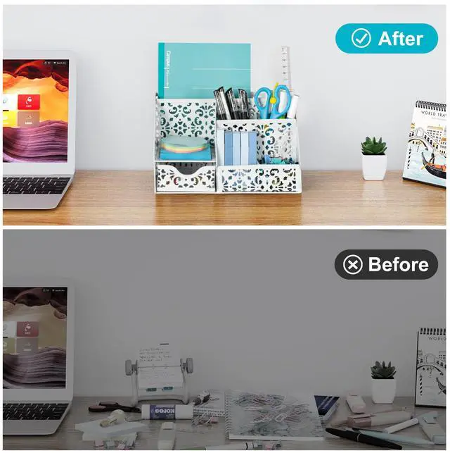 Alt view image 5 of 7 - Desk Organizer and Pen Holder for Desk, Mesh Office Supplies Storage Caddy with Drawer for Small Space, Desktop Organizer for Home Office, White