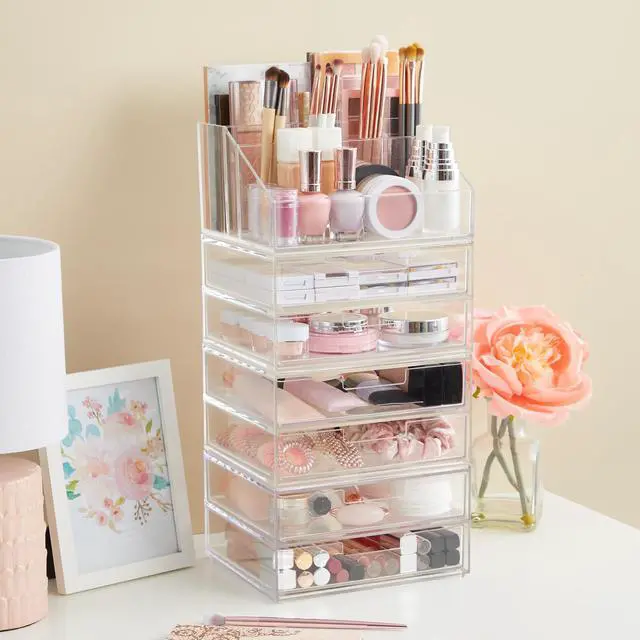 Alt view image 7 of 7 - Stackable Desk Organizer, Clear Pen Pencil Makeup Brush Holder for Desktops and Vanities, 6 Compartment Caddy (Made in USA)