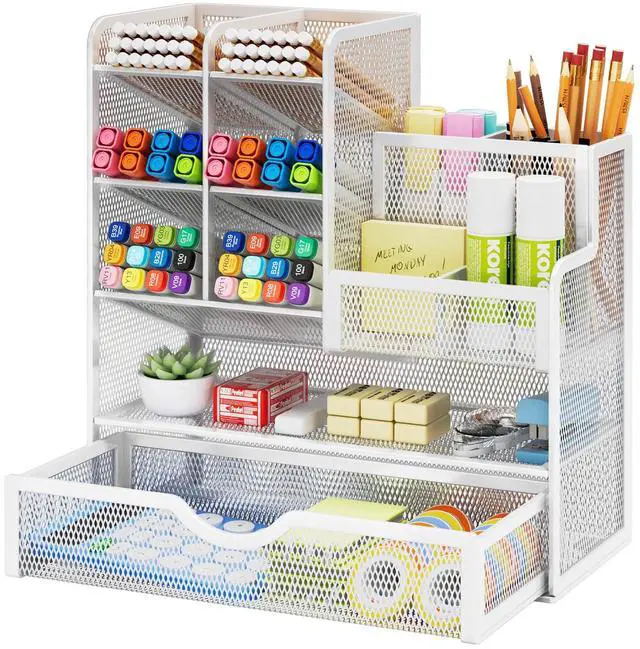 Main image of Mesh Pen Holder for Desk, Multi-Functional Pencil Organizer with Drawer, Desk Organizers and Accessories for Office Art Supplies (White)
