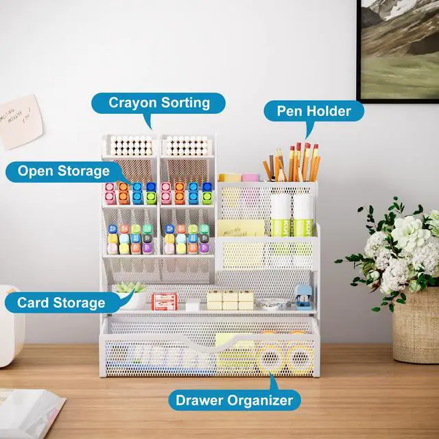 Alt view image 2 of 6 - Mesh Pen Holder for Desk, Multi-Functional Pencil Organizer with Drawer, Desk Organizers and Accessories for Office Art Supplies (White)