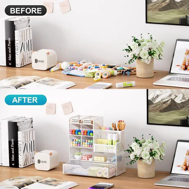 Alt view image 3 of 6 - Mesh Pen Holder for Desk, Multi-Functional Pencil Organizer with Drawer, Desk Organizers and Accessories for Office Art Supplies (White)