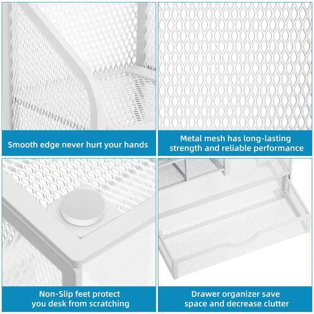 Alt view image 6 of 6 - Mesh Pen Holder for Desk, Multi-Functional Pencil Organizer with Drawer, Desk Organizers and Accessories for Office Art Supplies (White)
