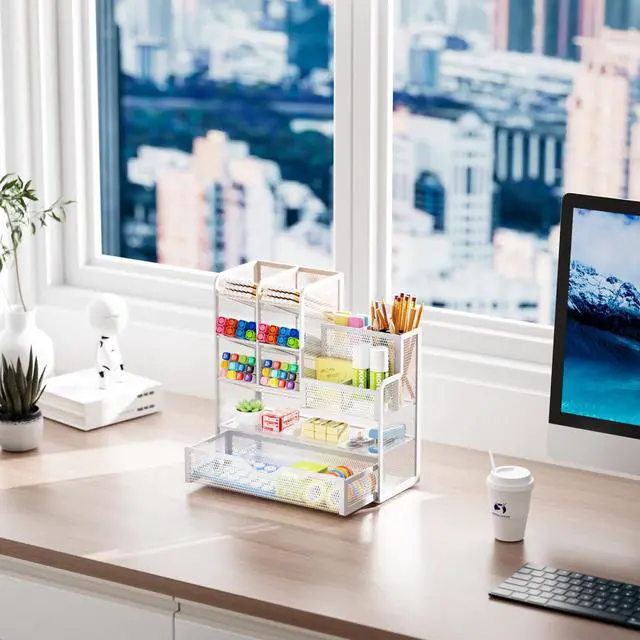 Alt view image 5 of 6 - Mesh Pen Holder for Desk, Multi-Functional Pencil Organizer with Drawer, Desk Organizers and Accessories for Office Art Supplies (White)