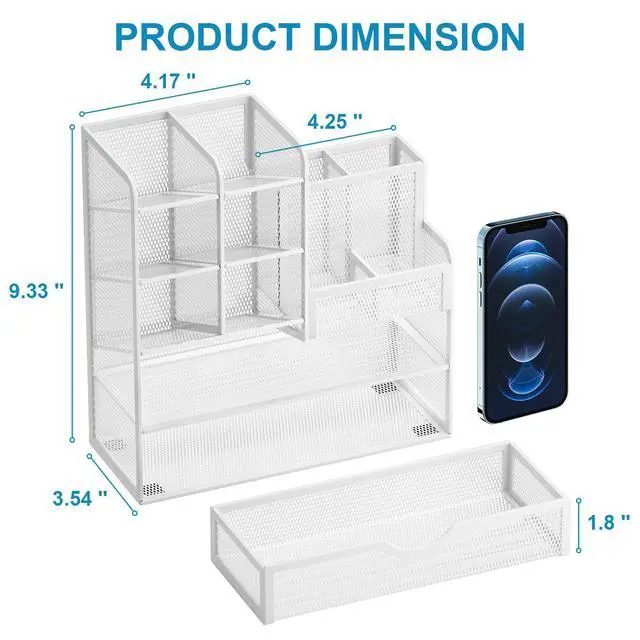 Alt view image 4 of 6 - Mesh Pen Holder for Desk, Multi-Functional Pencil Organizer with Drawer, Desk Organizers and Accessories for Office Art Supplies (White)