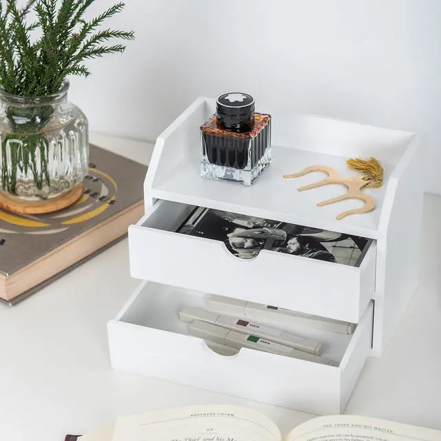 Alt view image 3 of 7 - Wooden Organizer Mini Desk Drawer Tabletop Office Supplies Desk Accessories for Office or Home White (2 Drawers)