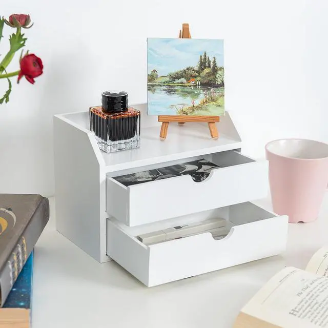 Alt view image 5 of 7 - Wooden Organizer Mini Desk Drawer Tabletop Office Supplies Desk Accessories for Office or Home White (2 Drawers)