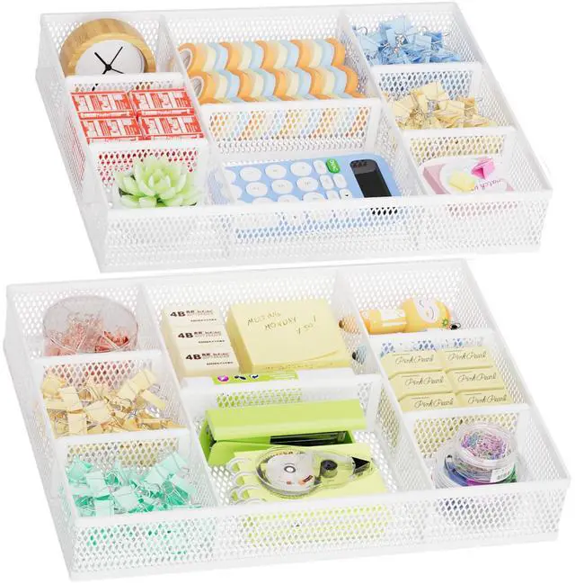 Main image of 2 Pack Desk Drawer Organizer, Mesh Drawer Organizer Tray with 8 Adjustable Compartments, Desk Organizers and Accessories, 5 Dividers for Office Supplies, Makeup & Vanity (White)