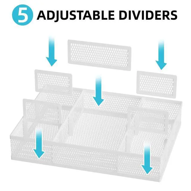 Alt view image 2 of 7 - 2 Pack Desk Drawer Organizer, Mesh Drawer Organizer Tray with 8 Adjustable Compartments, Desk Organizers and Accessories, 5 Dividers for Office Supplies, Makeup & Vanity (White)