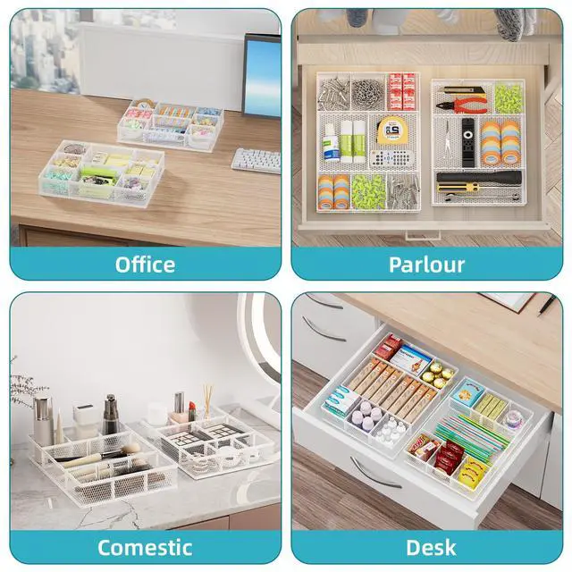 Alt view image 3 of 7 - 2 Pack Desk Drawer Organizer, Mesh Drawer Organizer Tray with 8 Adjustable Compartments, Desk Organizers and Accessories, 5 Dividers for Office Supplies, Makeup & Vanity (White)
