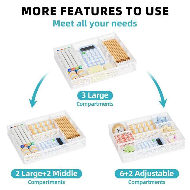 Alt view image 4 of 7 - 2 Pack Desk Drawer Organizer, Mesh Drawer Organizer Tray with 8 Adjustable Compartments, Desk Organizers and Accessories, 5 Dividers for Office Supplies, Makeup & Vanity (White)