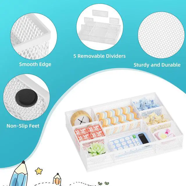 Alt view image 6 of 7 - 2 Pack Desk Drawer Organizer, Mesh Drawer Organizer Tray with 8 Adjustable Compartments, Desk Organizers and Accessories, 5 Dividers for Office Supplies, Makeup & Vanity (White)