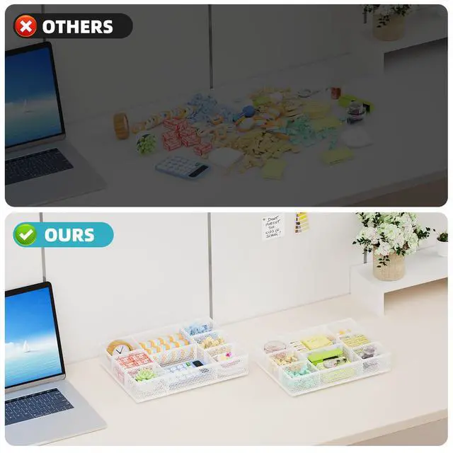 Alt view image 7 of 7 - 2 Pack Desk Drawer Organizer, Mesh Drawer Organizer Tray with 8 Adjustable Compartments, Desk Organizers and Accessories, 5 Dividers for Office Supplies, Makeup & Vanity (White)