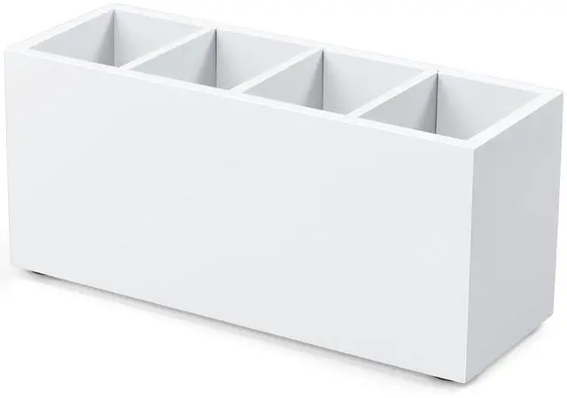 Main image of Pencil Pen Holder for Desk, Wooden Office Desk Organizers and Accessories with 4 Slots for Countertop, Makeup Brush Holder Organizer for Bathroom Vanity, Silverware Caddy for Party, White