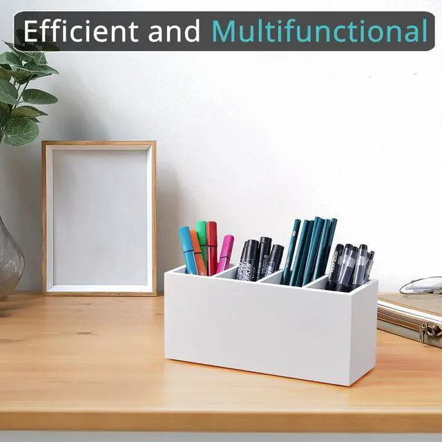 Alt view image 2 of 7 - Pencil Pen Holder for Desk, Wooden Office Desk Organizers and Accessories with 4 Slots for Countertop, Makeup Brush Holder Organizer for Bathroom Vanity, Silverware Caddy for Party, White