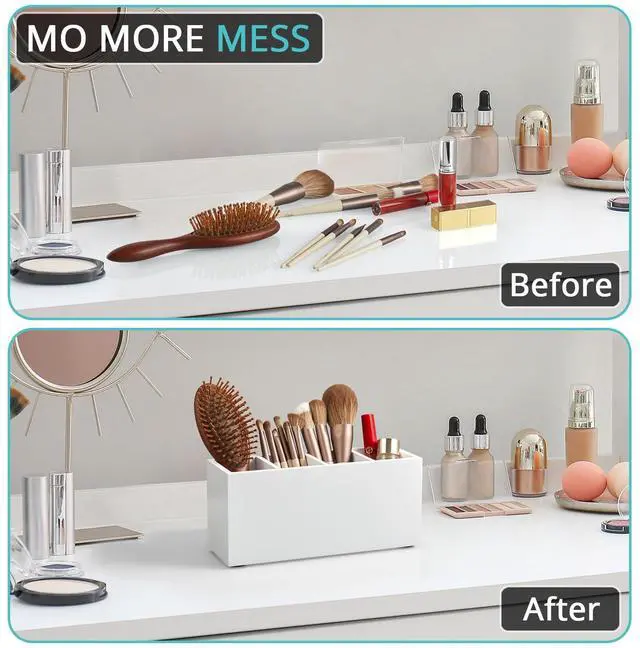 Alt view image 3 of 7 - Pencil Pen Holder for Desk, Wooden Office Desk Organizers and Accessories with 4 Slots for Countertop, Makeup Brush Holder Organizer for Bathroom Vanity, Silverware Caddy for Party, White