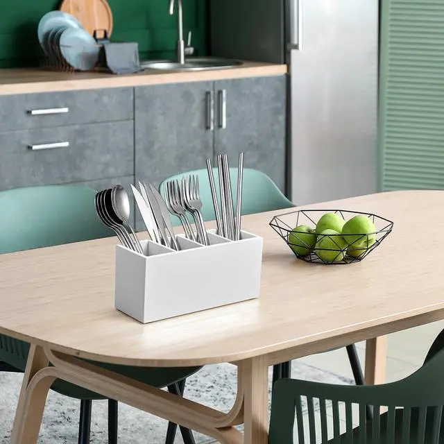 Alt view image 5 of 7 - Pencil Pen Holder for Desk, Wooden Office Desk Organizers and Accessories with 4 Slots for Countertop, Makeup Brush Holder Organizer for Bathroom Vanity, Silverware Caddy for Party, White