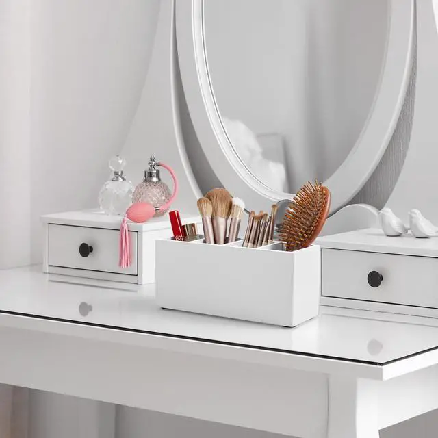Alt view image 7 of 7 - Pencil Pen Holder for Desk, Wooden Office Desk Organizers and Accessories with 4 Slots for Countertop, Makeup Brush Holder Organizer for Bathroom Vanity, Silverware Caddy for Party, White