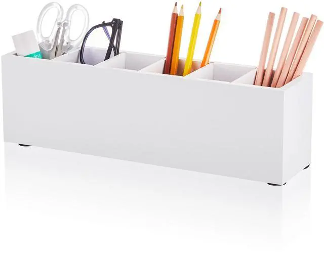 Main image of Wooden Pencil Pen Holder for Desk 6 Compartments Cosmetic Makeup Brush Stationery Office Desktop Organizers for Countertop Adjustable Silverware Caddy for Party, Art Supplies,Home(White)