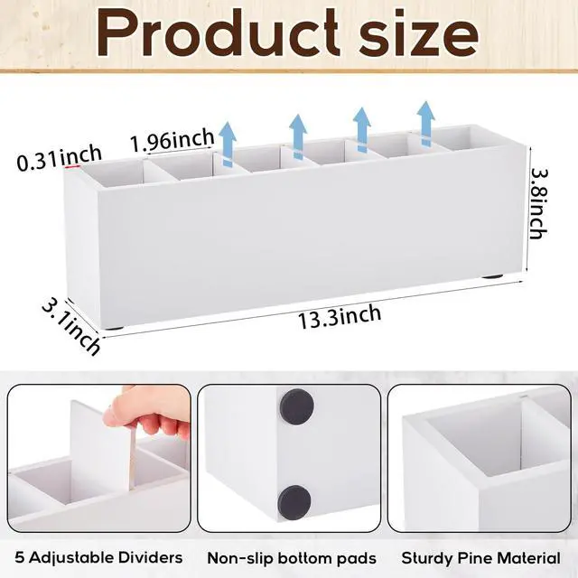 Alt view image 2 of 7 - Wooden Pencil Pen Holder for Desk 6 Compartments Cosmetic Makeup Brush Stationery Office Desktop Organizers for Countertop Adjustable Silverware Caddy for Party, Art Supplies,Home(White)