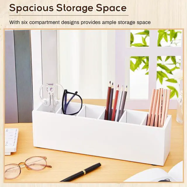 Alt view image 3 of 7 - Wooden Pencil Pen Holder for Desk 6 Compartments Cosmetic Makeup Brush Stationery Office Desktop Organizers for Countertop Adjustable Silverware Caddy for Party, Art Supplies,Home(White)