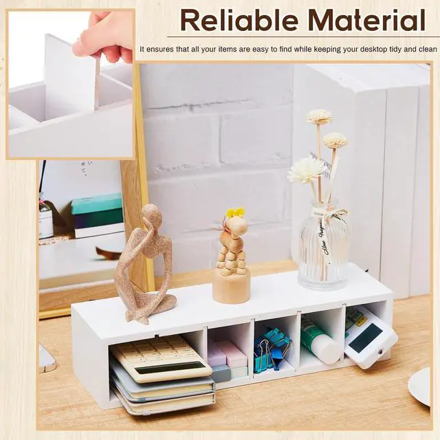 Alt view image 4 of 7 - Wooden Pencil Pen Holder for Desk 6 Compartments Cosmetic Makeup Brush Stationery Office Desktop Organizers for Countertop Adjustable Silverware Caddy for Party, Art Supplies,Home(White)