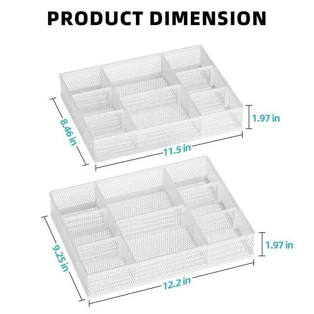 Alt view image 5 of 7 - 2 Pack Desk Drawer Organizer, Mesh Drawer Organizer Tray with 8 Adjustable Compartments, Desk Organizers and Accessories, 5 Dividers for Office Supplies, Makeup & Vanity (White)