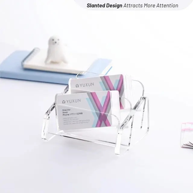 Alt view image 3 of 7 - Business Card Holder for Desk 2 Tier 2 Slots,Creative Acrylic Slanted Business Card Display Stand for Woman and Man,Organize 100 Cards-Clear,1 Pack