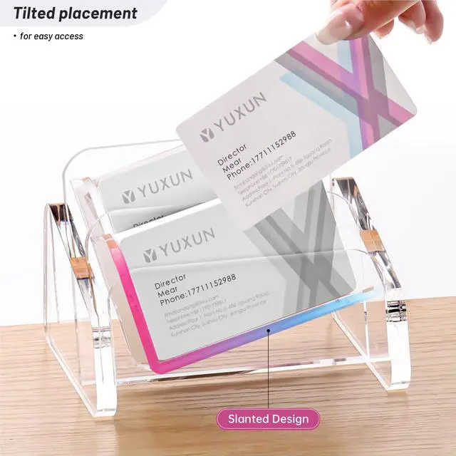 Alt view image 4 of 7 - Business Card Holder for Desk 2 Tier 2 Slots,Creative Acrylic Slanted Business Card Display Stand for Woman and Man,Organize 100 Cards-Clear,1 Pack