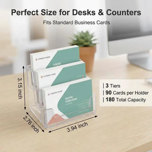 Alt view image 2 of 6 - 2 Pieces Business Card Holder for Desk 3 Tiers Clear Acrylic Stand for Business Card Organizer Storage Holder Display for Office and Company, 180 Cards Capacity