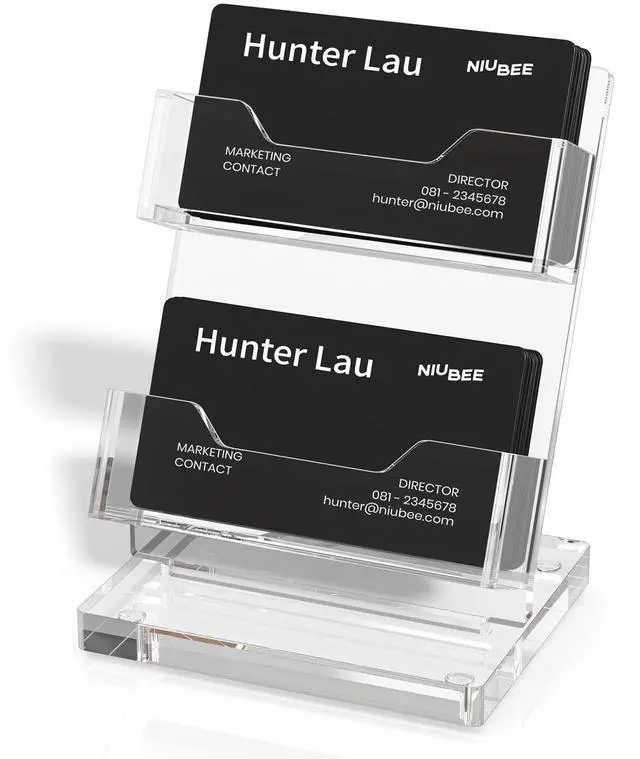 Main image of Acrylic Business Card Holder 2 Slots - Double Capacity Business Card Stand for Desk, 2 Tier Clear Gift Card Display for Office, Event, Exhibition