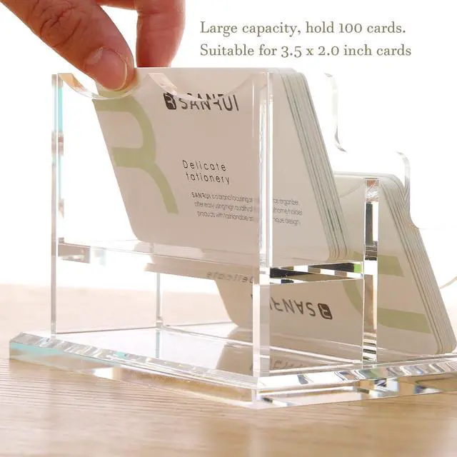 Alt view image 3 of 7 - Acrylic Business Card Holder for Desk-2 Tier 2 Slots, 3.5"×2" Multiple Business Card Holder Organizer for Women Men, 100+ Business Cards for Office Exhibition Home