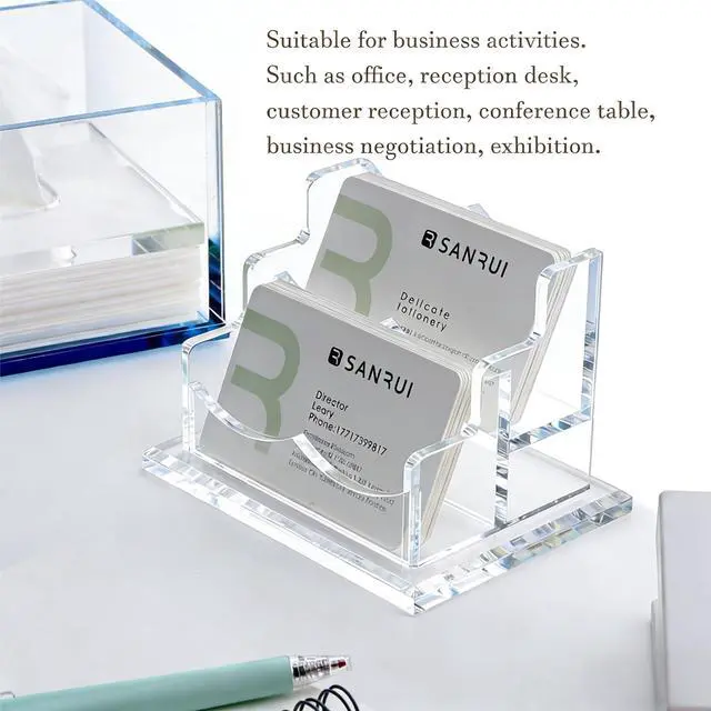 Alt view image 6 of 7 - Acrylic Business Card Holder for Desk-2 Tier 2 Slots, 3.5"×2" Multiple Business Card Holder Organizer for Women Men, 100+ Business Cards for Office Exhibition Home