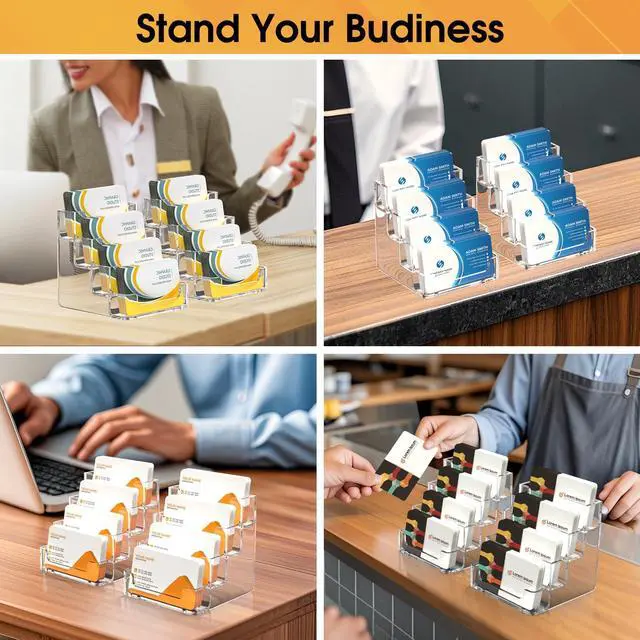 Alt view image 7 of 7 - Clear Business Card Holder, Acrylic Business Card Stand for Desk with 4 Tier, Clear Plastic Cards Display Holder for Exhibition, Home and Office, 320 Cards Capacity, 4 Pocket, 2 Pack